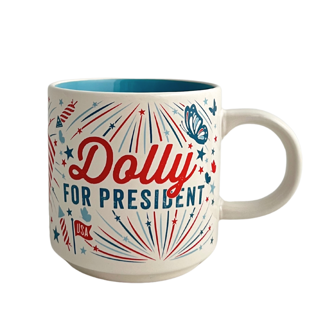 Patriotic spirit mug with "Dolly For President" printed in red, white, and blue text. 
