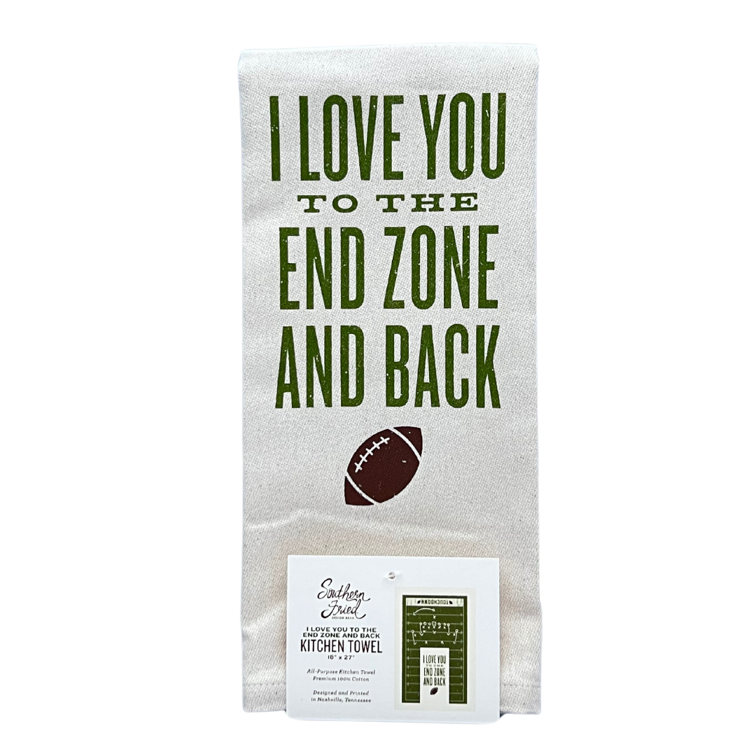 funny saying screen printed on cotton kitchen towel in green with football feild.