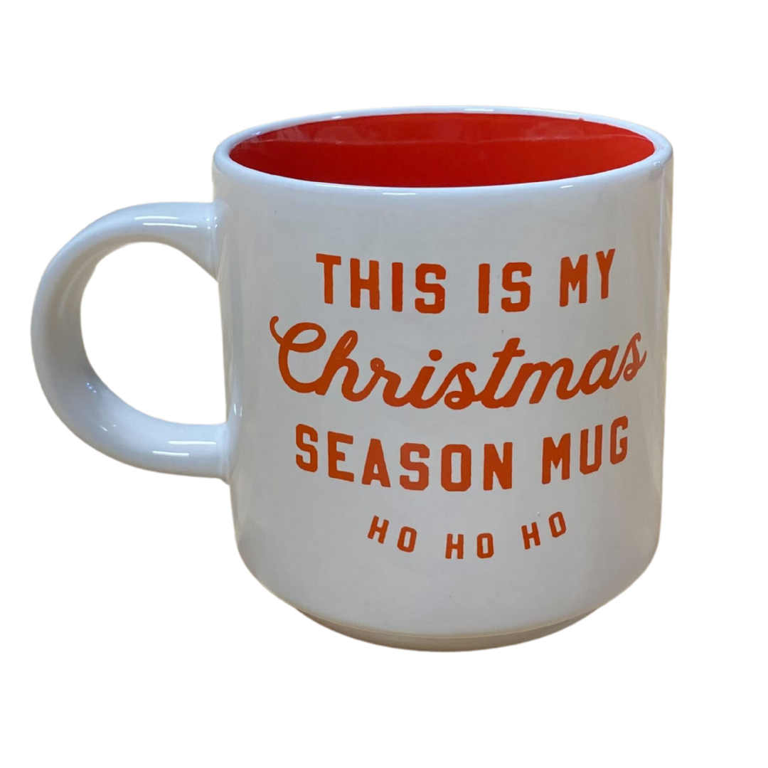 Red and white mug with "This Is My Christmas Season Mug" and "Ho Ho Ho" printed on it.