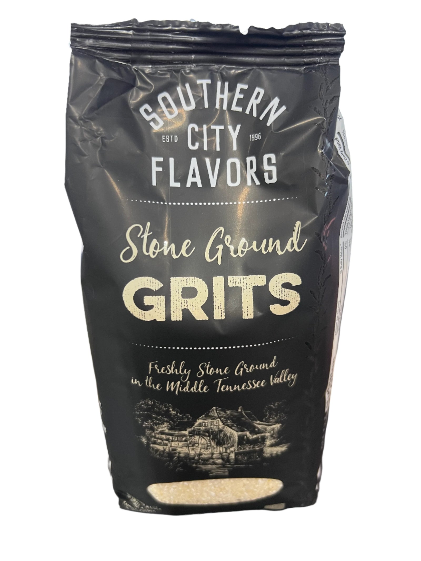 Bag of stone ground grits. With Southern City Flavors logo on the bag, clear viewpoint on bottom to see product.