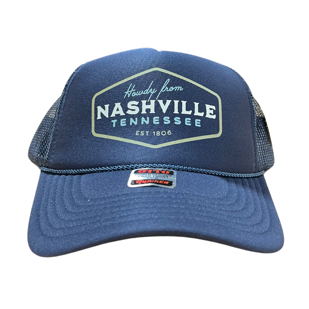 Navy blue fomy trucker hat with breathable mesh sides.