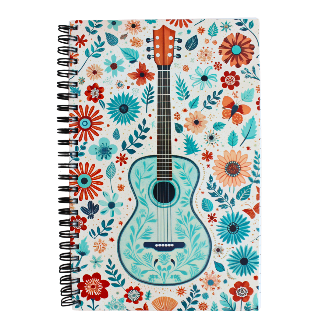 blue guitar with floral background, twin wire lined notebook 