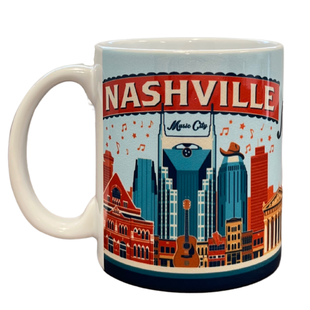 Nashville mug. States Nashville in white lettering backed by a red banner. Features a skyline of Nashville with one of the buildings a cowboy hat.