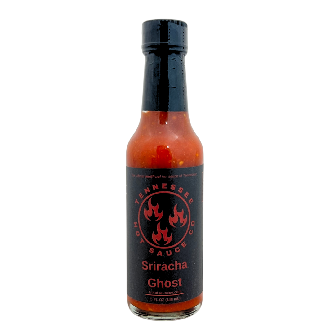  5 fl oz Sriracha Ghost Hot Sauce in glass bottle. 