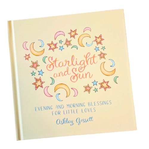 Softcover book titled Starlight and Sun: Evening and Morning Blessings For Little Loves, featuring a pastel-colored cover with stars and moons, offering 27 morning and 27 evening prayers for children.