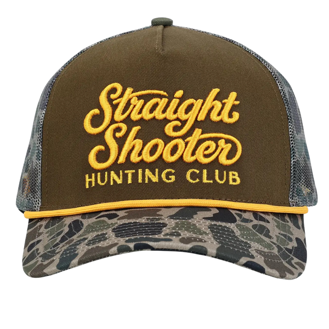 Straight Shooter Hunting Club Trucker Hat with mesh sides and adjustable back. 