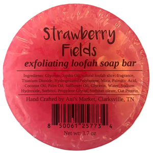 Strawberry Scented Soap Bar with a Loofah inside.