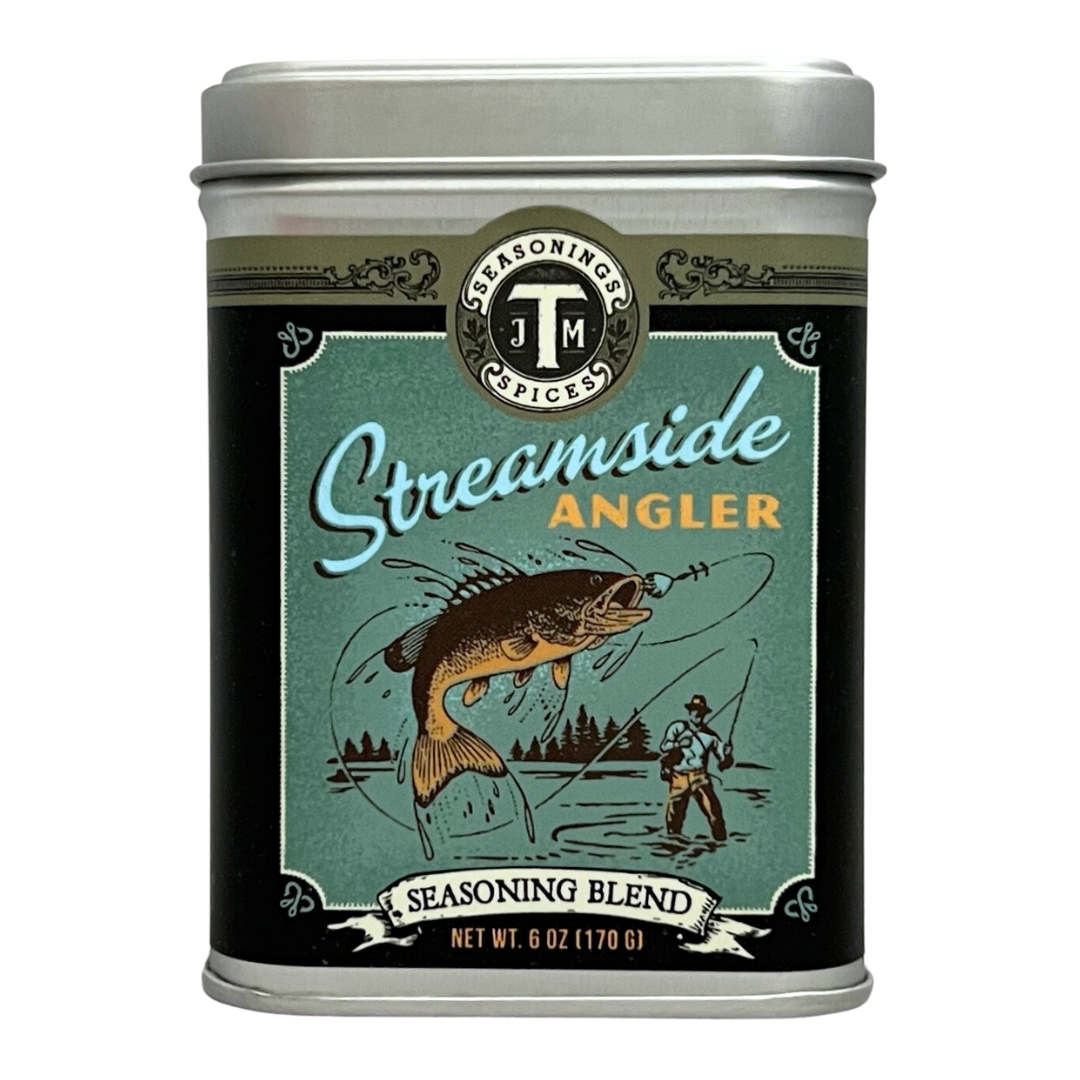 6 oz tin of streamside angler seasoning blend for fish. 