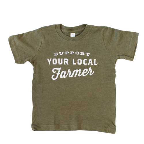 Green toddler shirt says, "Support Your Local Farmer" screen-printed in white. 
