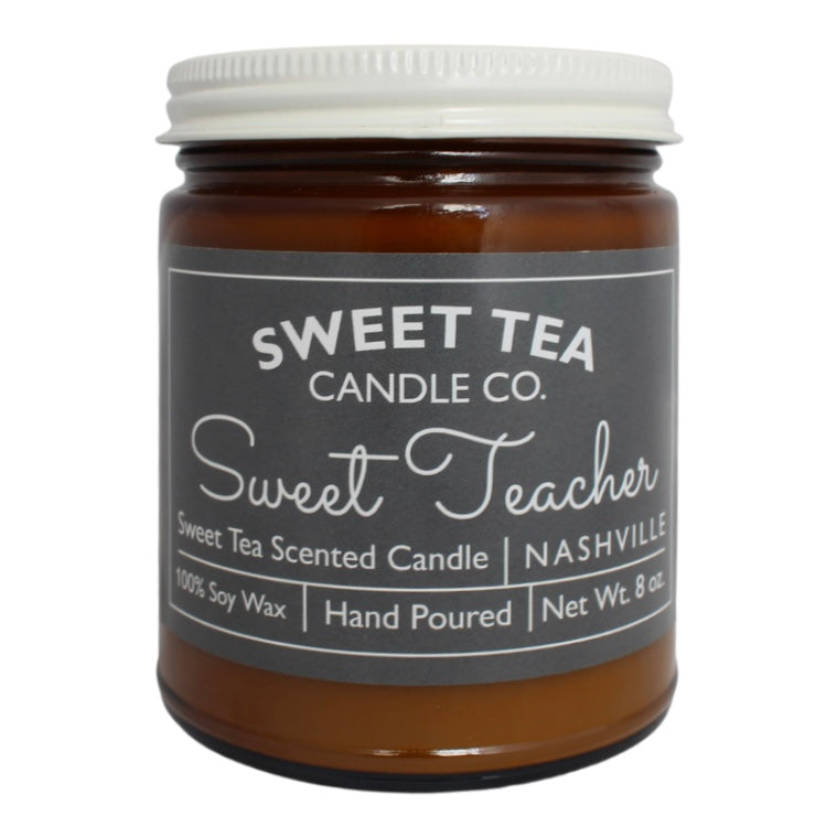 "Sweet Teacher" candle for the best teacher in your life. Sweet Tea Candle Company, scented of sweet tea candle. 100% soy wax, hand-poured in Nashville, Tennessee. 8 oz glass candle.
