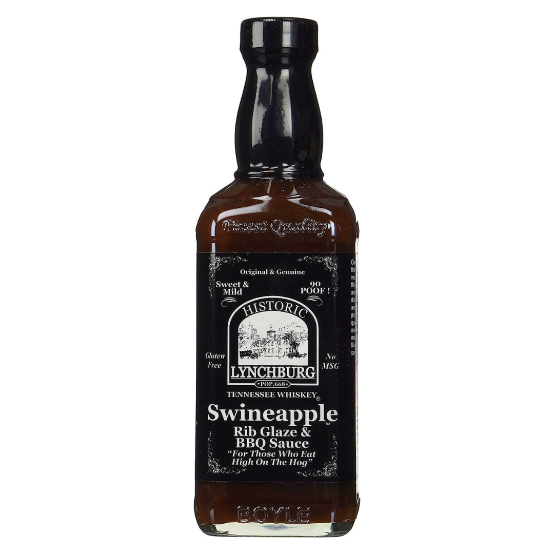 Swineapple rib glaze and bbq sauce in a glass bottle.