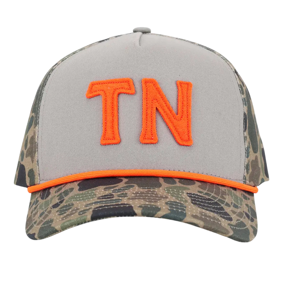 TN Gray Orange and Camo Trucker Hat with adjustable back. 