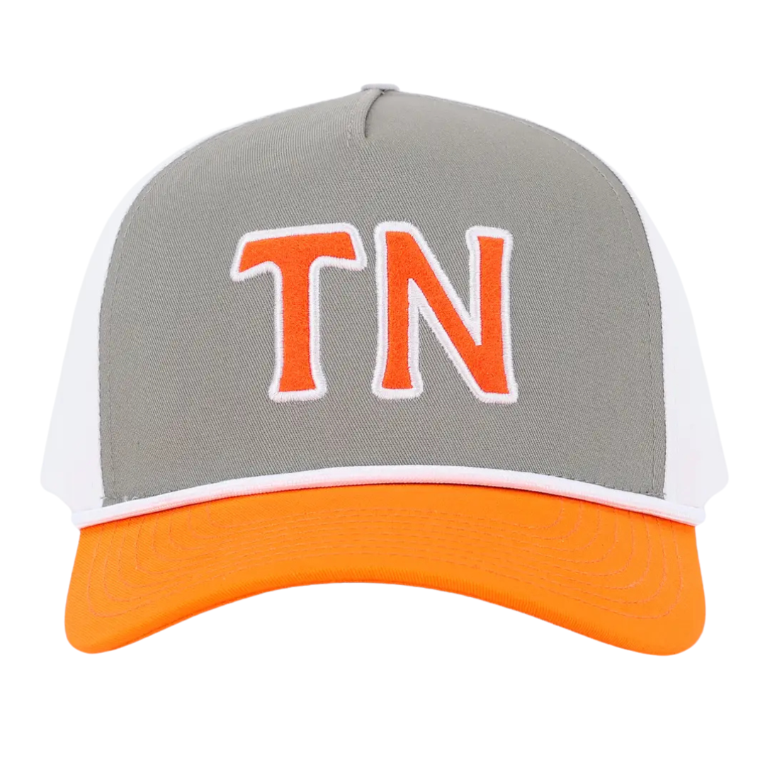 TN Grey Orange Tri Color Trucker Hat with adjustable back. 