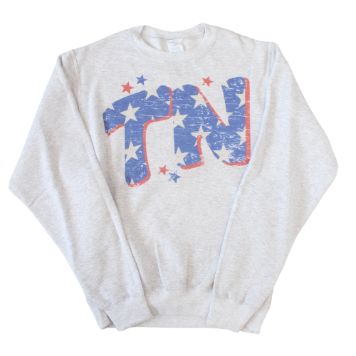 Soft grey crewneck sweatshirt with TN with Red, White and Blue Stars. 