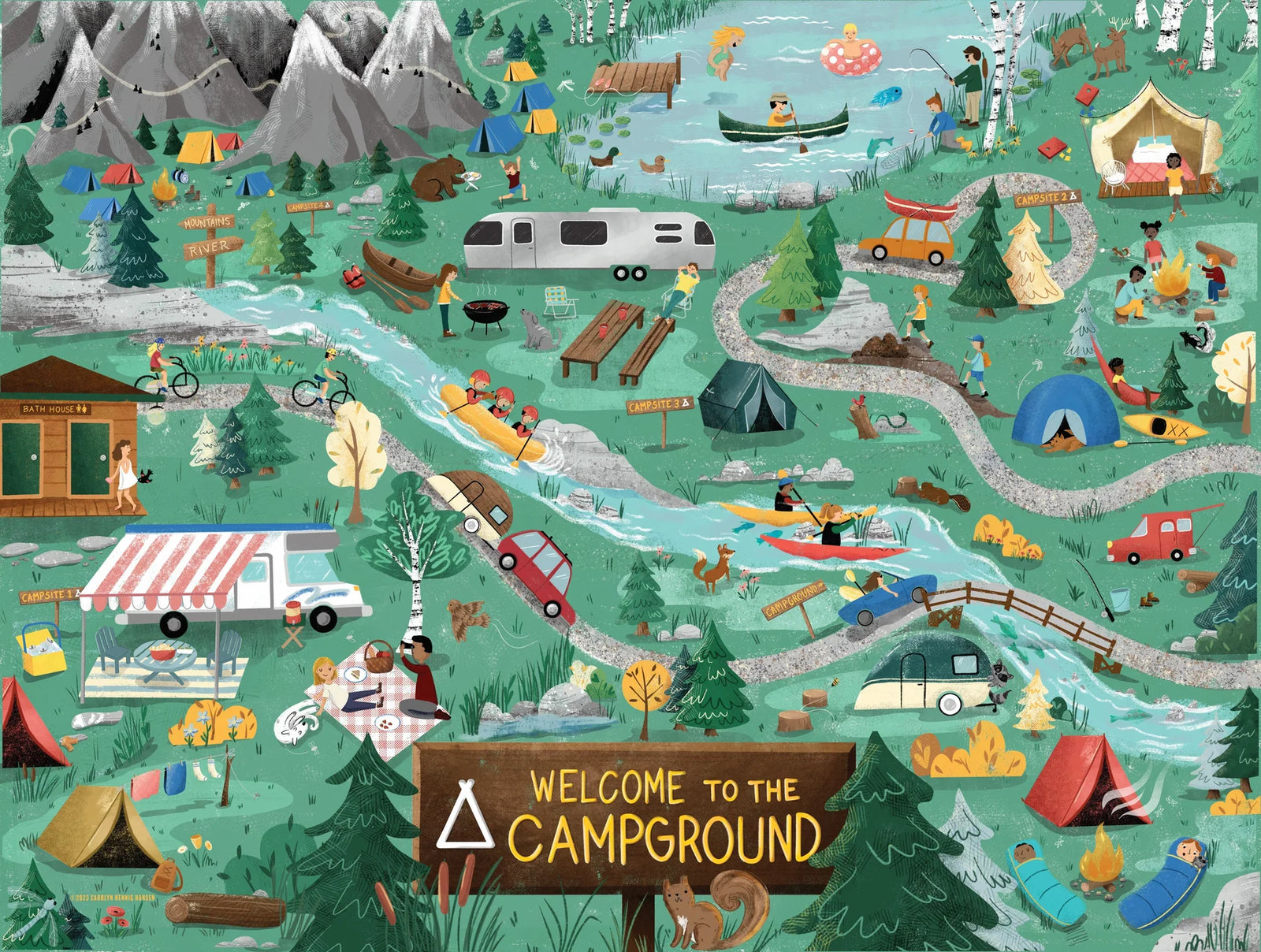 500 piece illustrated puzzle featuring camping activities.  