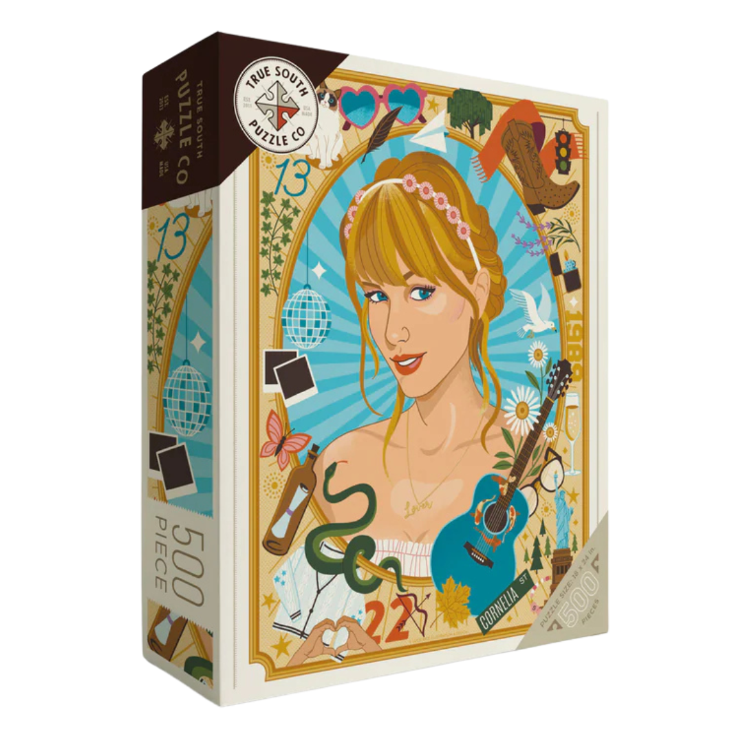 500 Piece puzzle illustration of Taylor Swift.