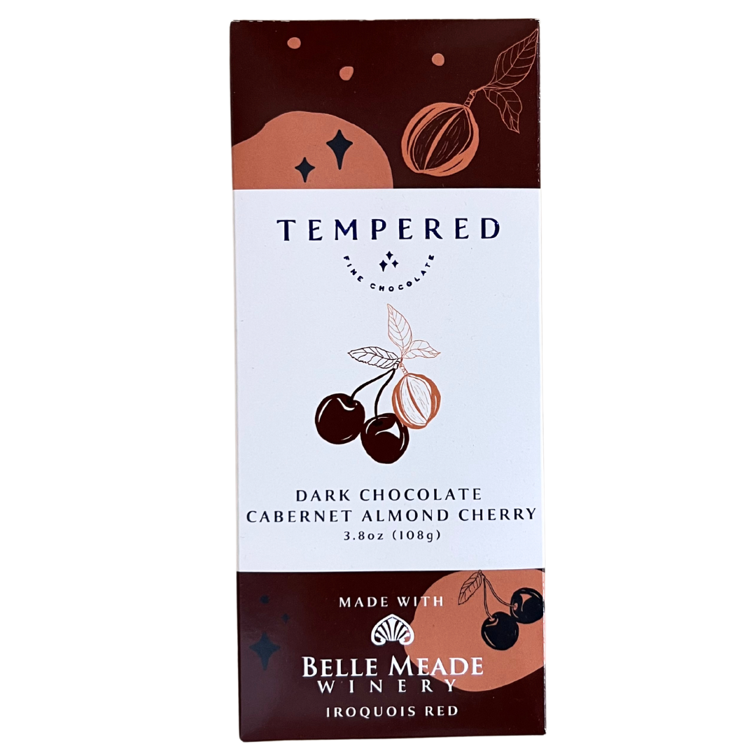 Tempered dark chocolate cabernet almond cherry bar. Made with Belle Meade Winery red wine. 