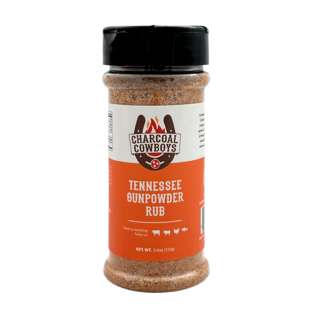 5.4 oz plastic shaker bottle of Tennessee gunpowder rub. 