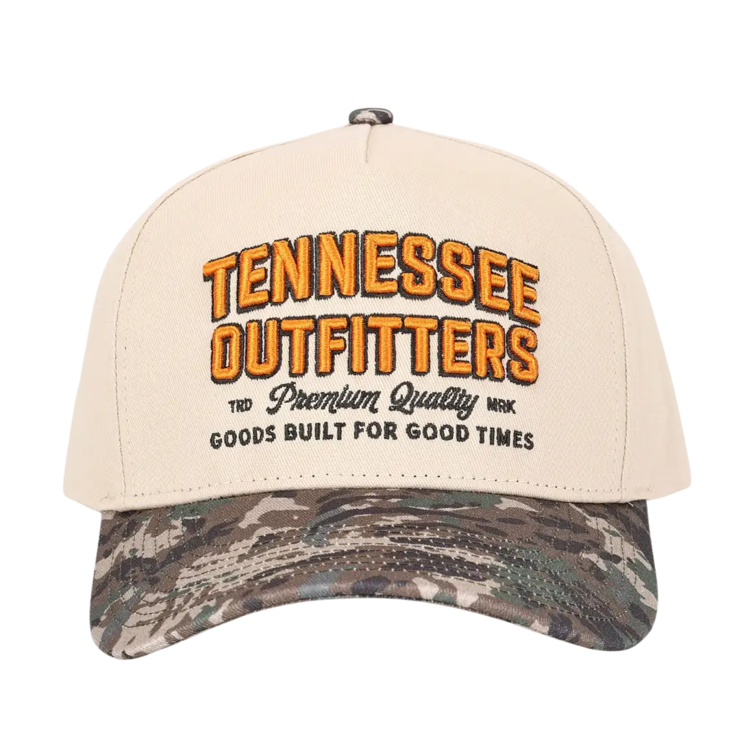 Cotton trucker hat, cream with camo bill. Says "Tennessee Outfitters" in raised embroidery. 