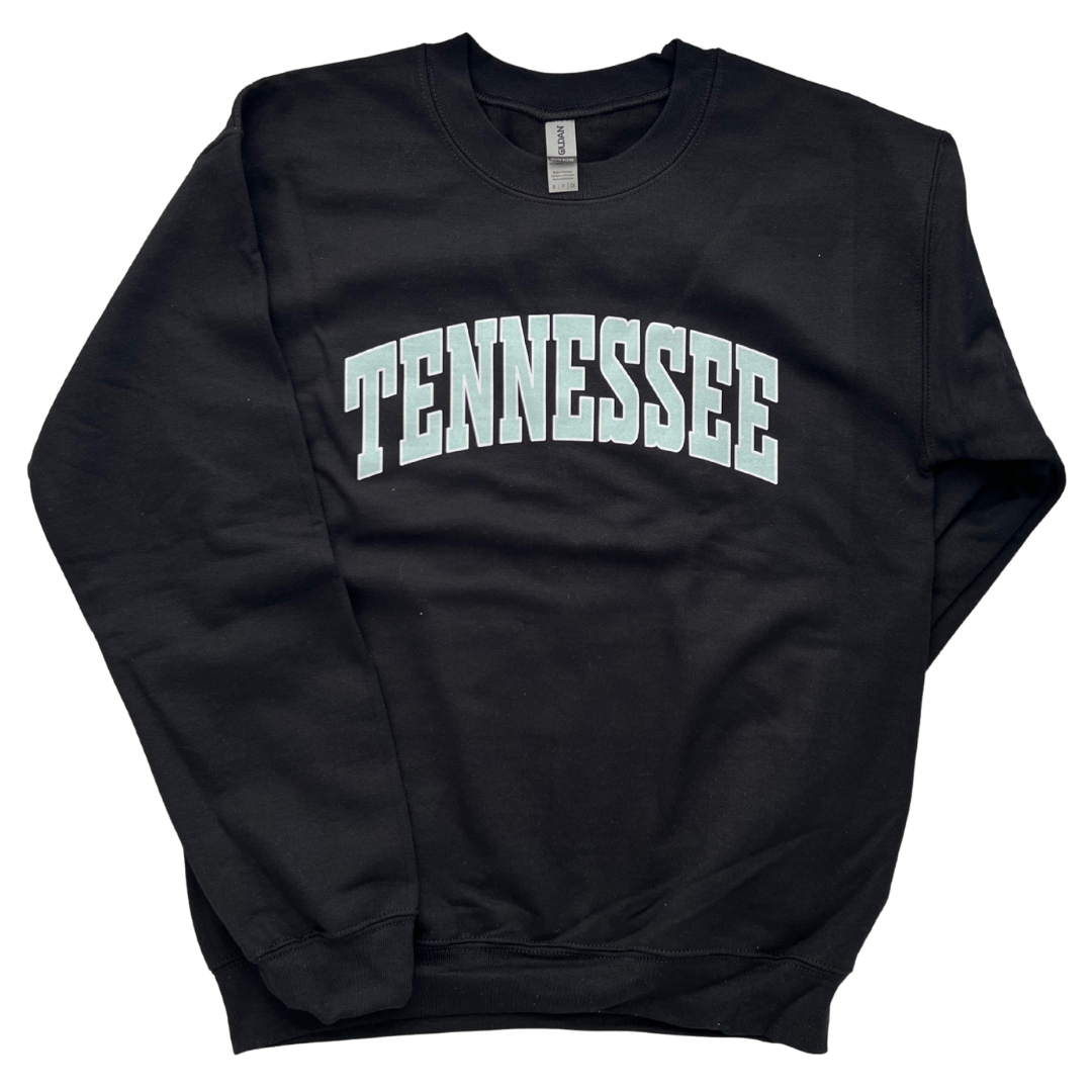 "Tennessee" screen-printed in mint green on black sweatshirt. 