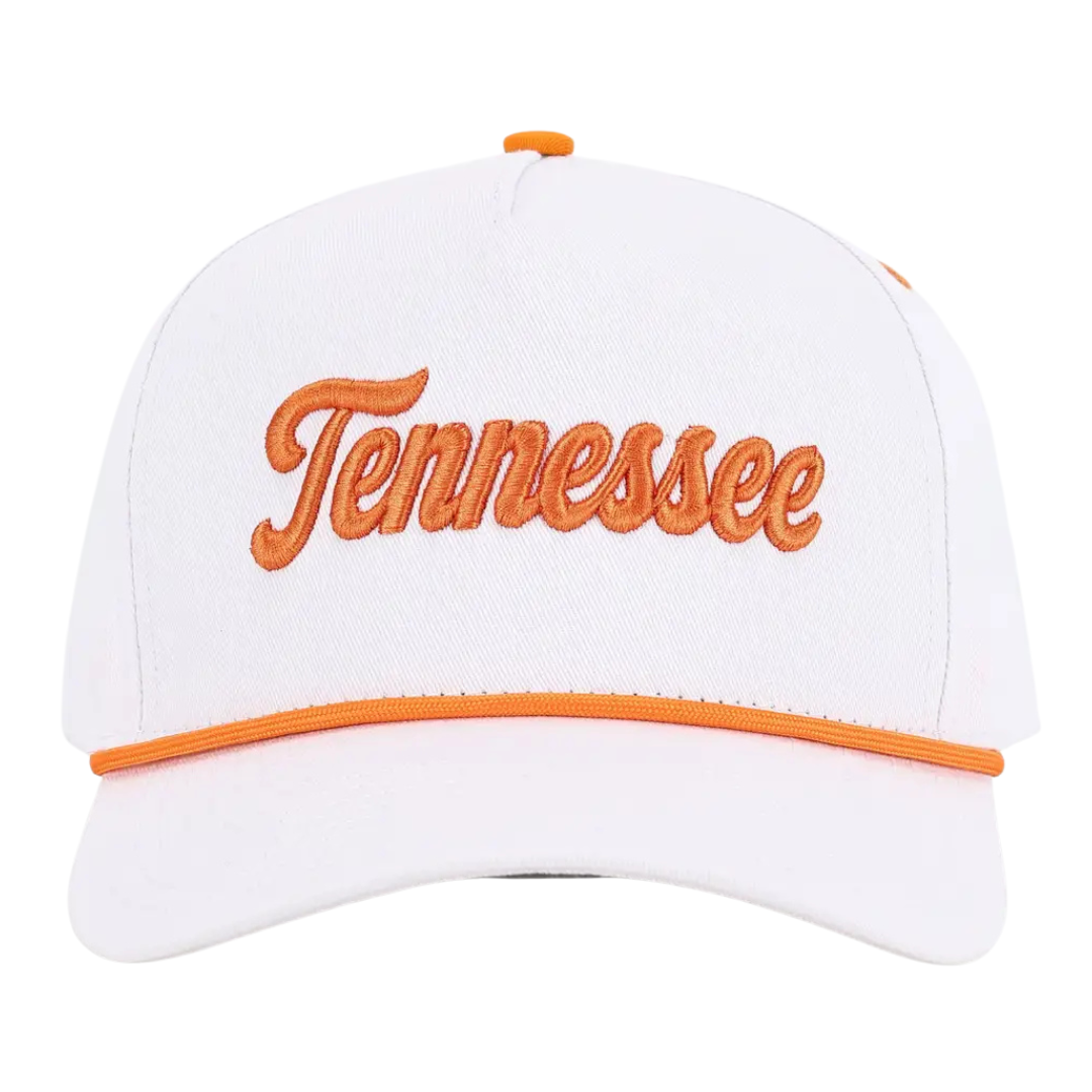 Tennessee Script White Trucker Hat with adjustable back. 