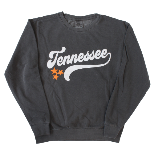 Dark grey crewneck sweatshirt with retro script Tennessee and orange stars.
