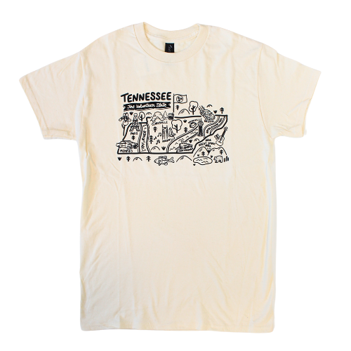 Cream shirt with black screen-printed Tennessee state landmarks "Tennessee the Volunteer State"