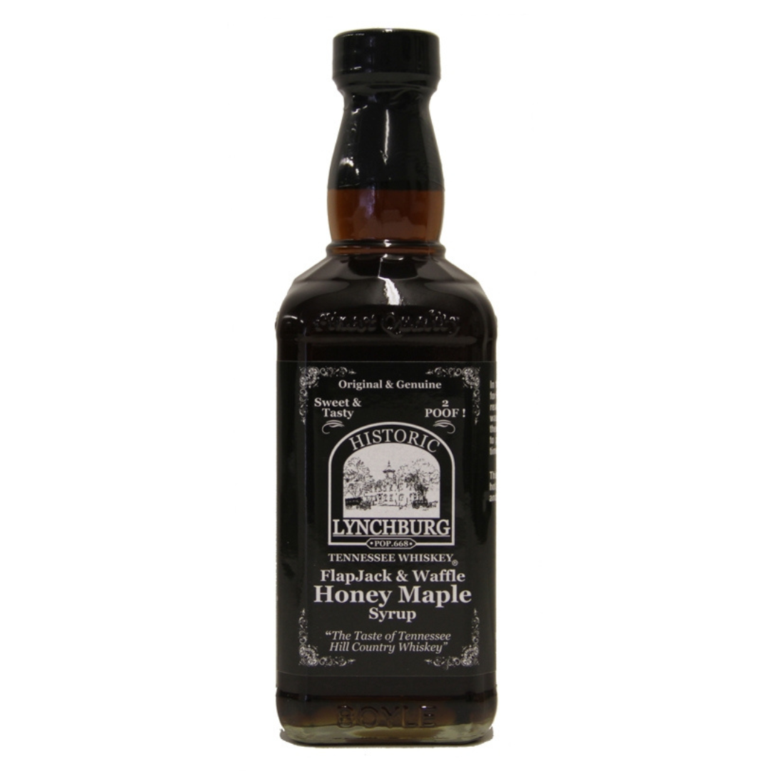 Bottle of historic lynchburg honey maple syrup. Glass bottle. 