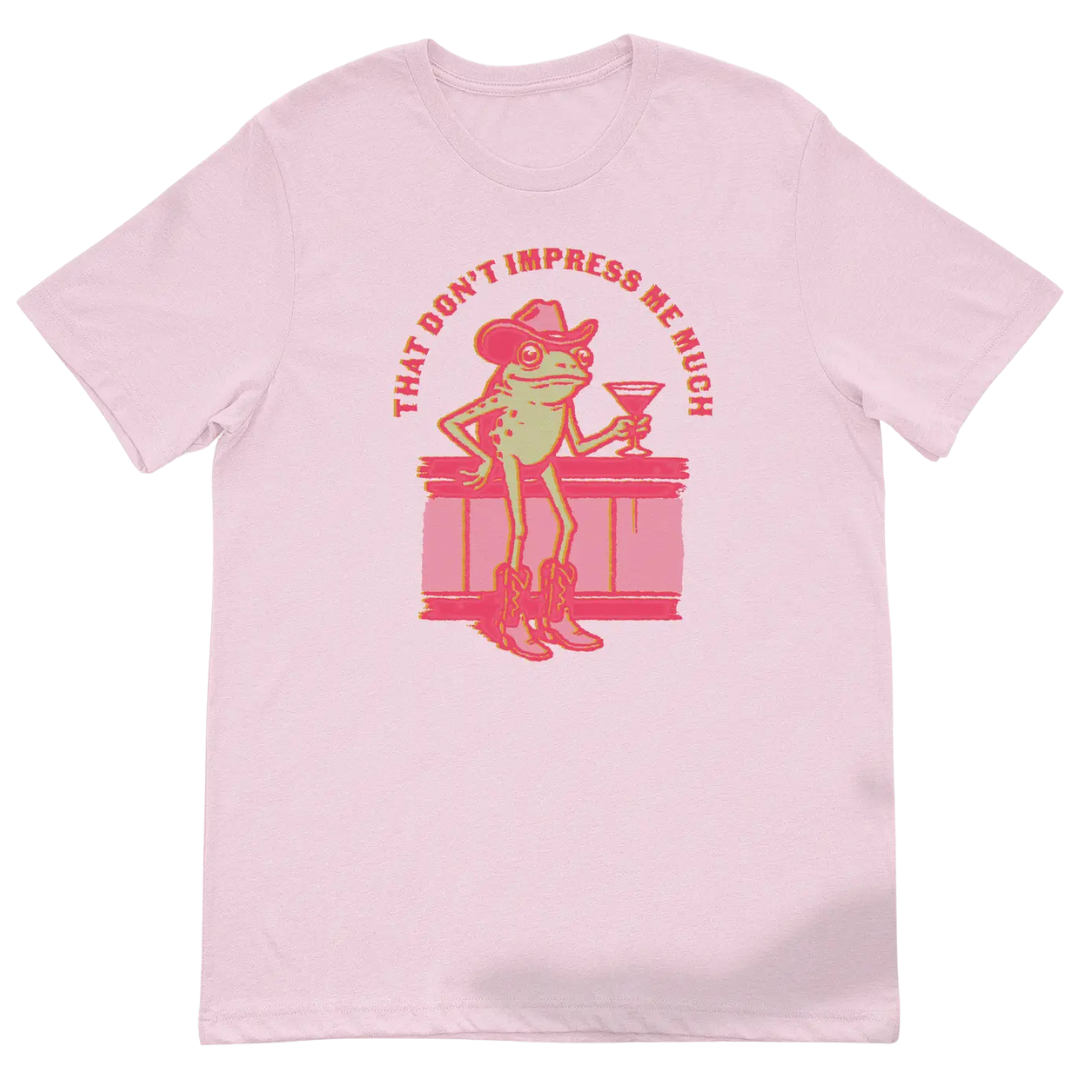 "That Don't Impress Me Much", Frog at a bar, pink shirt.