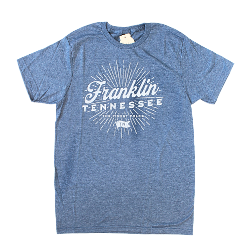 Blue shirt says, "Franklin, Tennessee The Finest Folks" screen-printed in white.