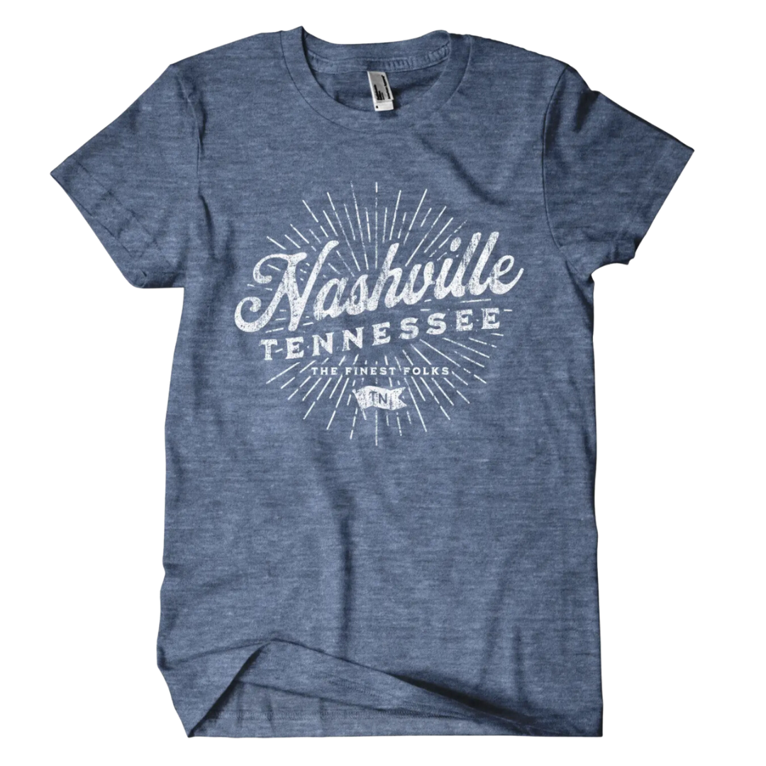Blue shirt says, "Nashville, Tennessee The Finest Folks" screen-printed in white. 
