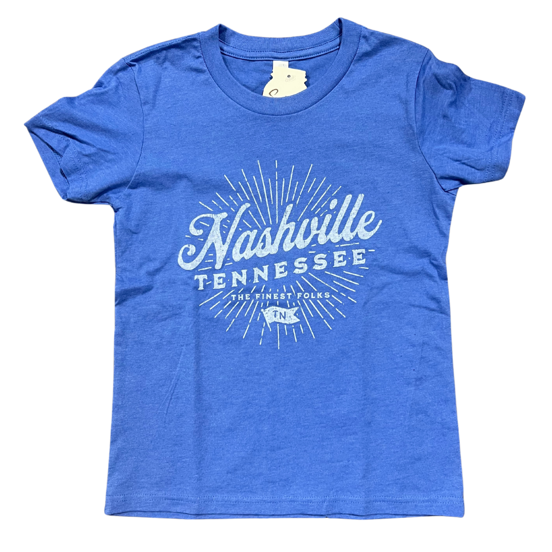 Blue youth shirt says, "Nashville Tennessee The finest Folks" screen-printed in white. 