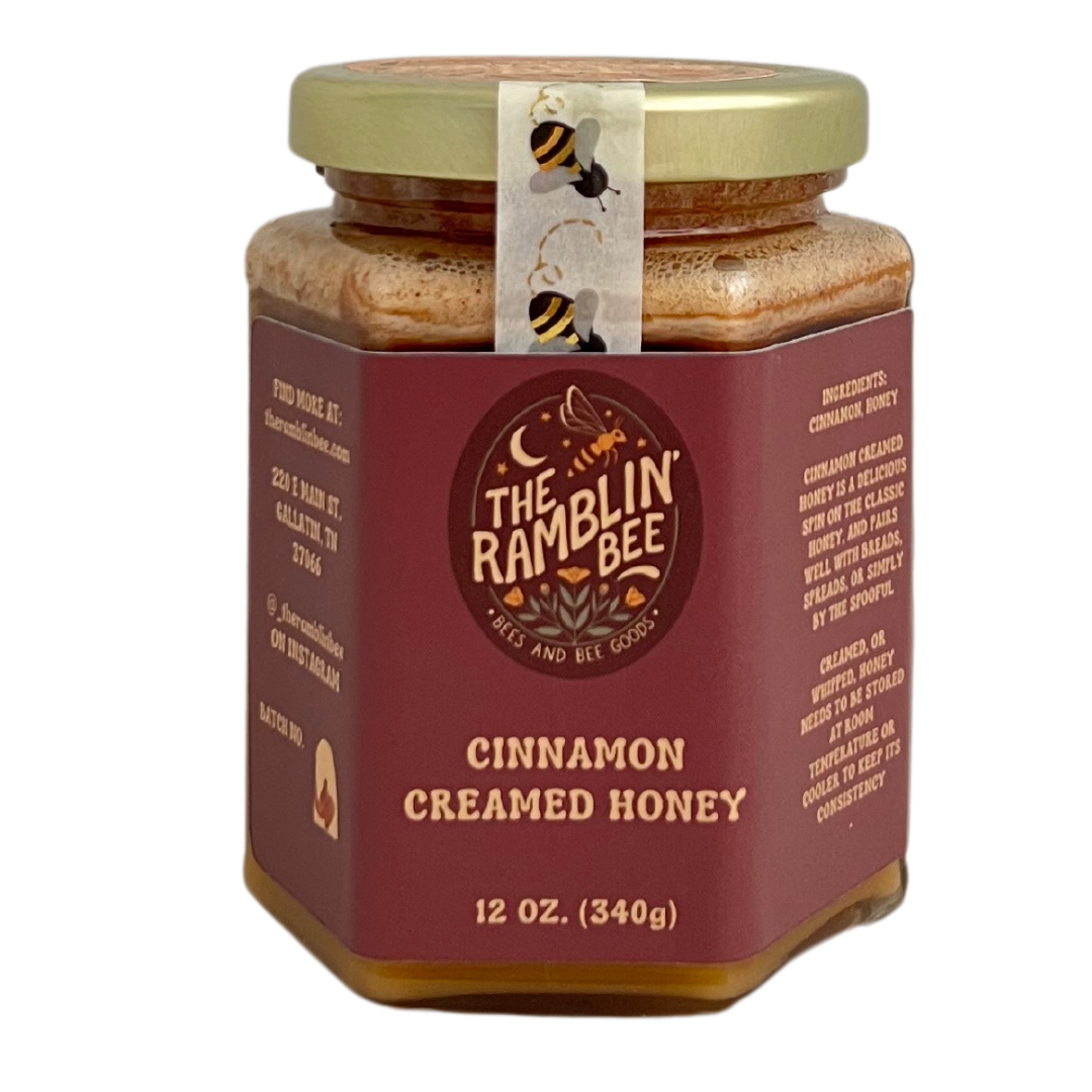 Cinnamon Creamed Honey glass jar with a sealed gold lid. 12 oz.