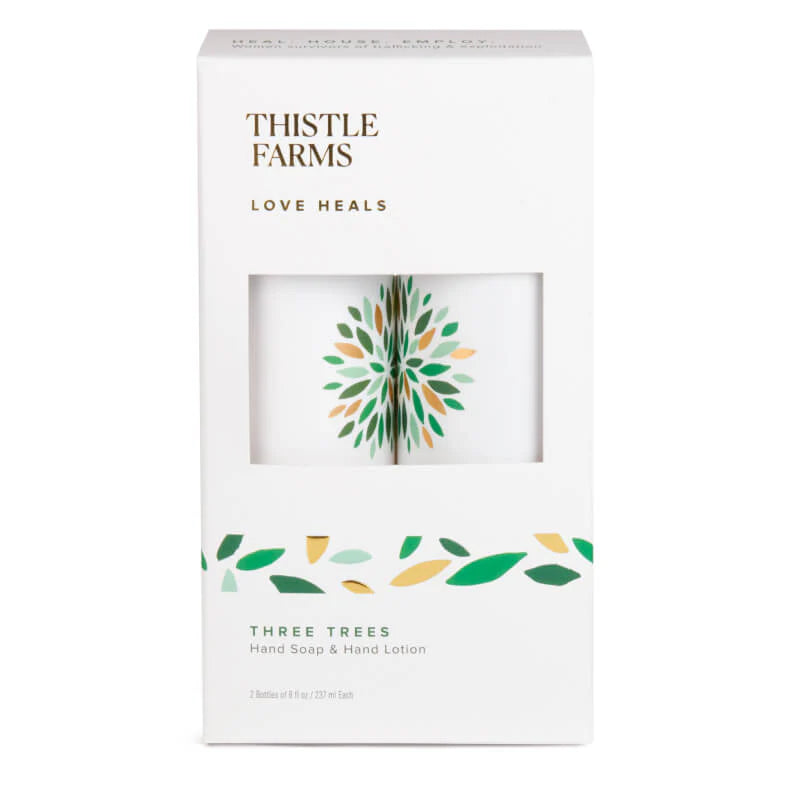Hand Care Duo Set with Liquid Hand Soap and Moisturizing Lotion in Three Trees fir scent.
