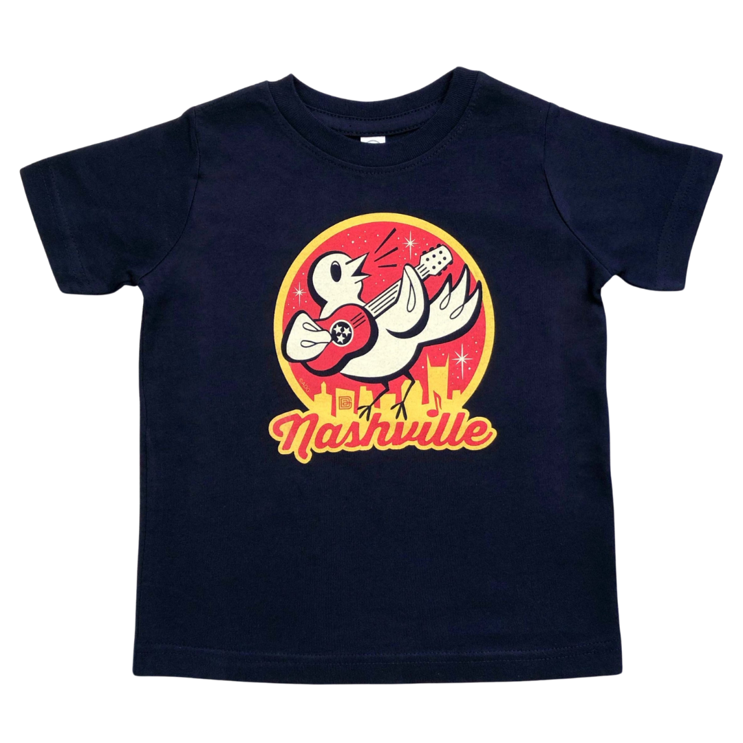 Navy toddler shirt with "Nashville" screen-printed in yellow and red with Songbird playing guitar.  