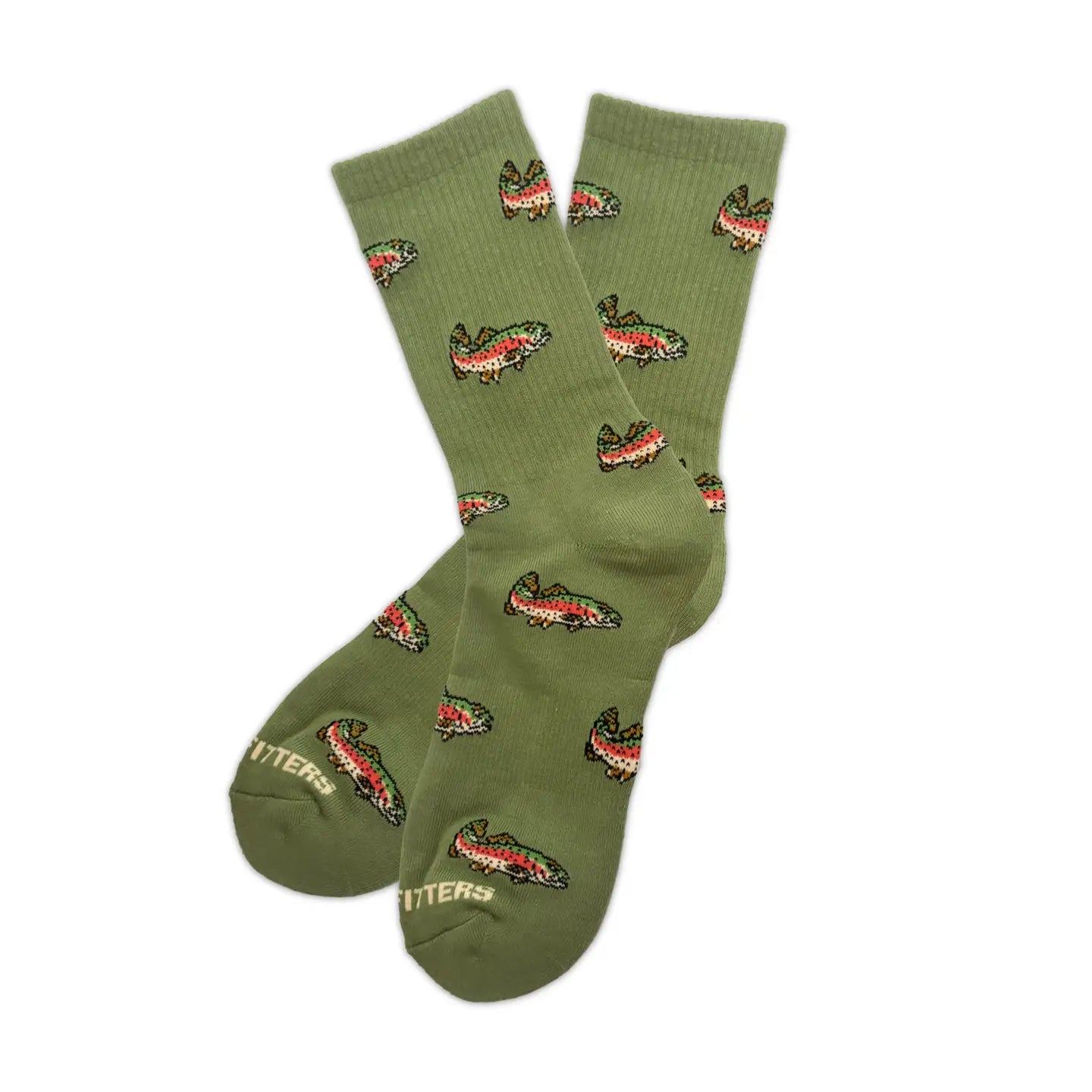 Green athletic socks with trout. 