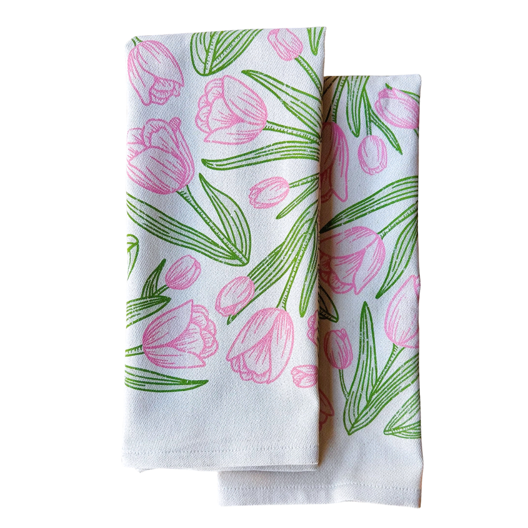 Pink flowers screen printed on cotton kitchen towel. 
