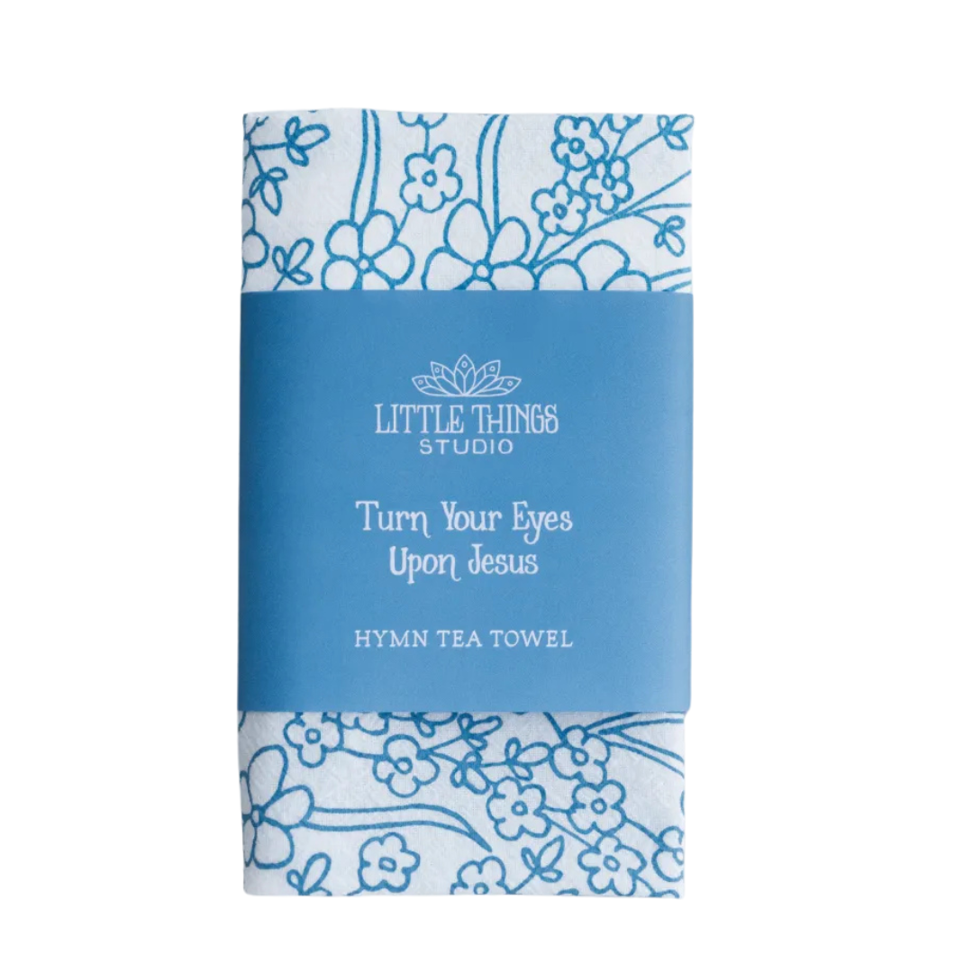 cotton kitchen towel floral design and hymn lyrics.