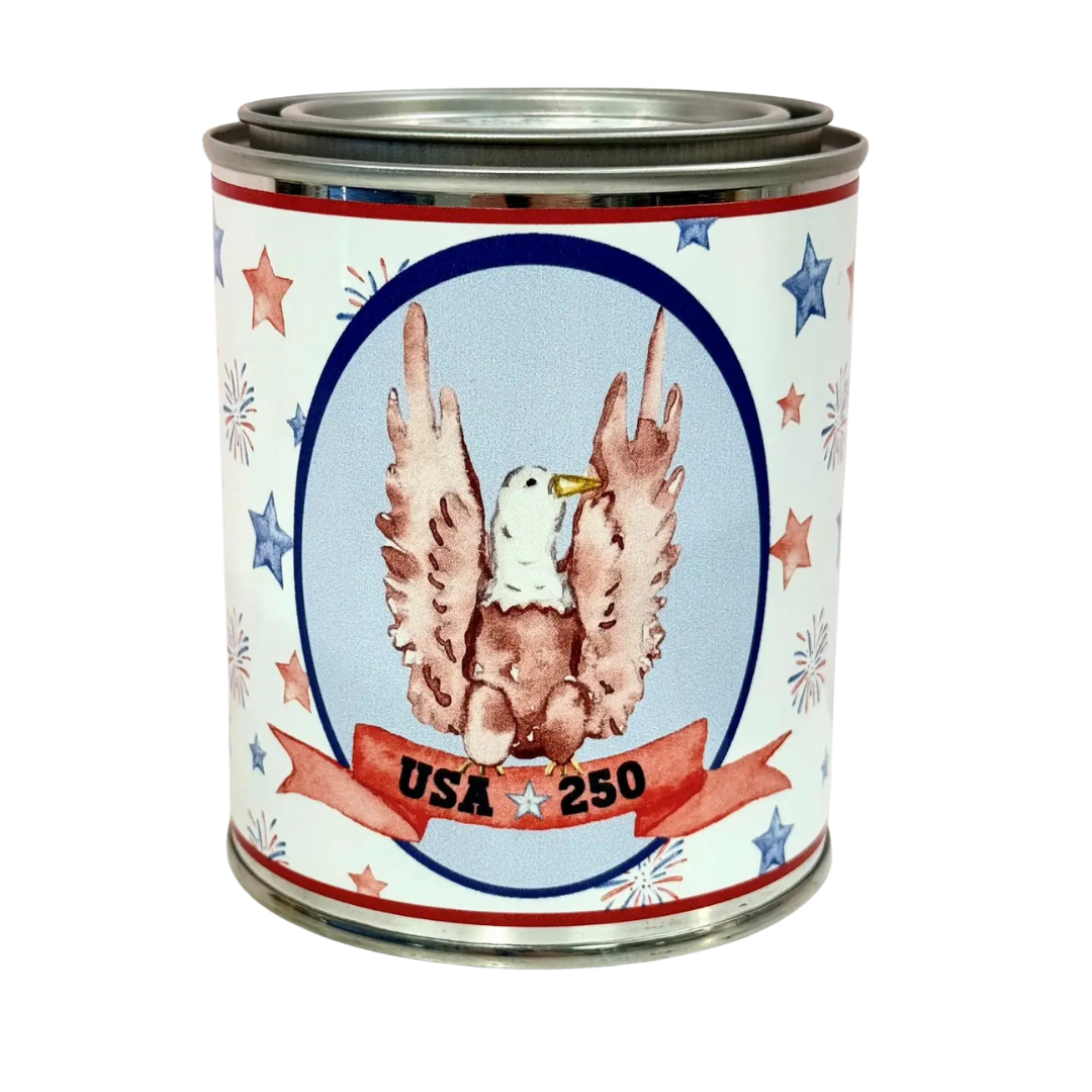 This USA 250th Anniversary 14oz Soy Candle features and American Eagle for the 4th of July.