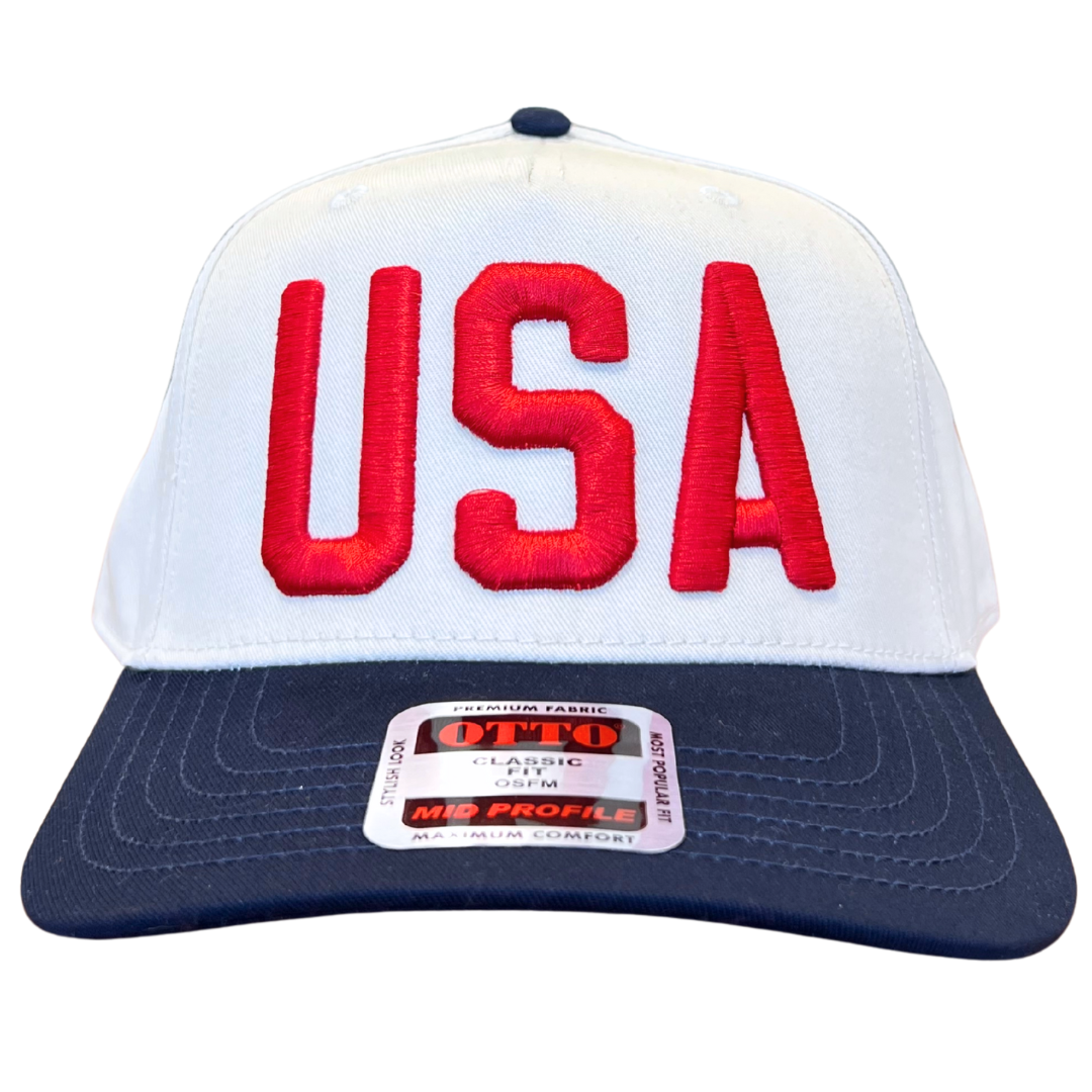 Red White and Blue Trucker style hat with USA embroidered USA.