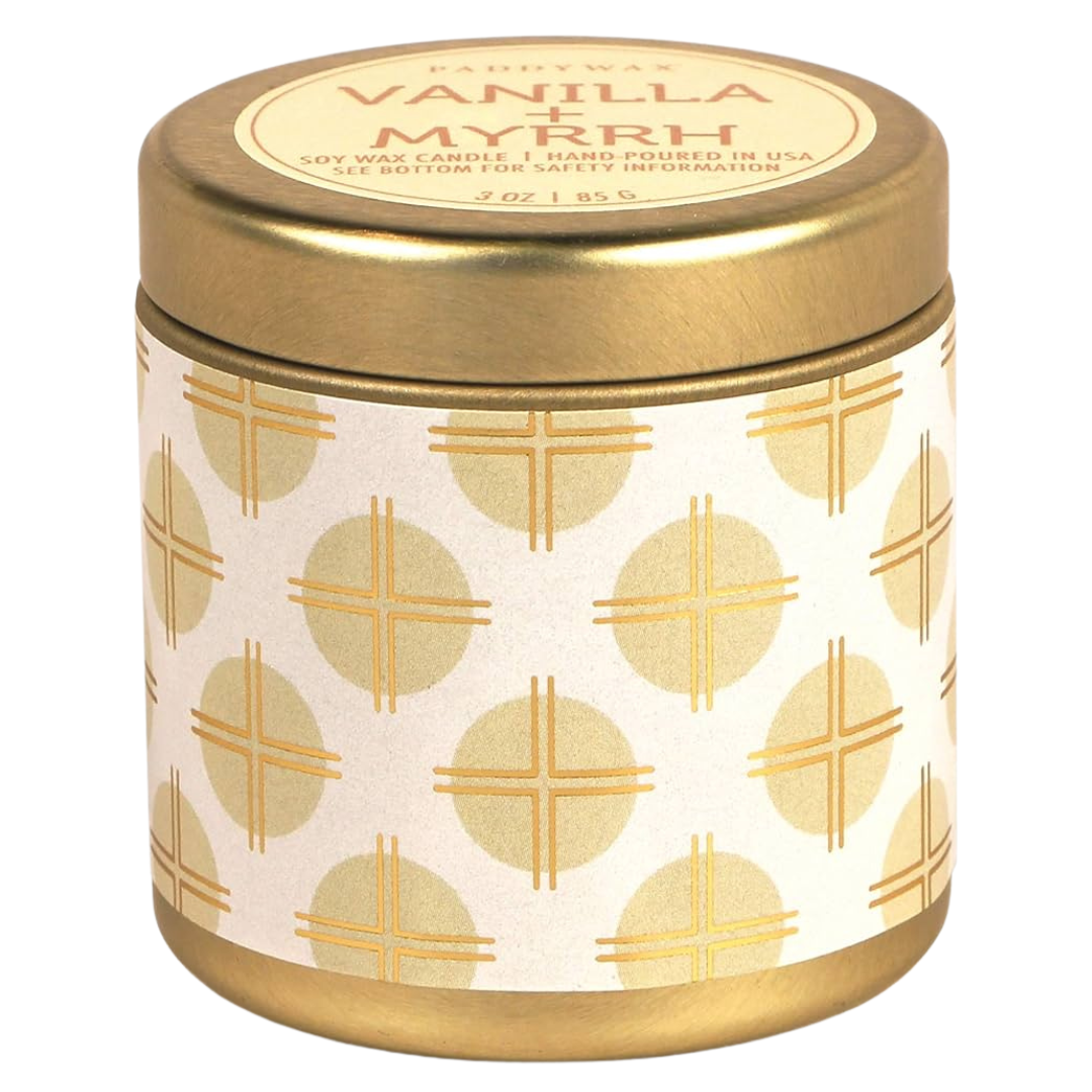 Gold tin with geometric designs, Vanilla and Myrrh Tin 3 oz candle.