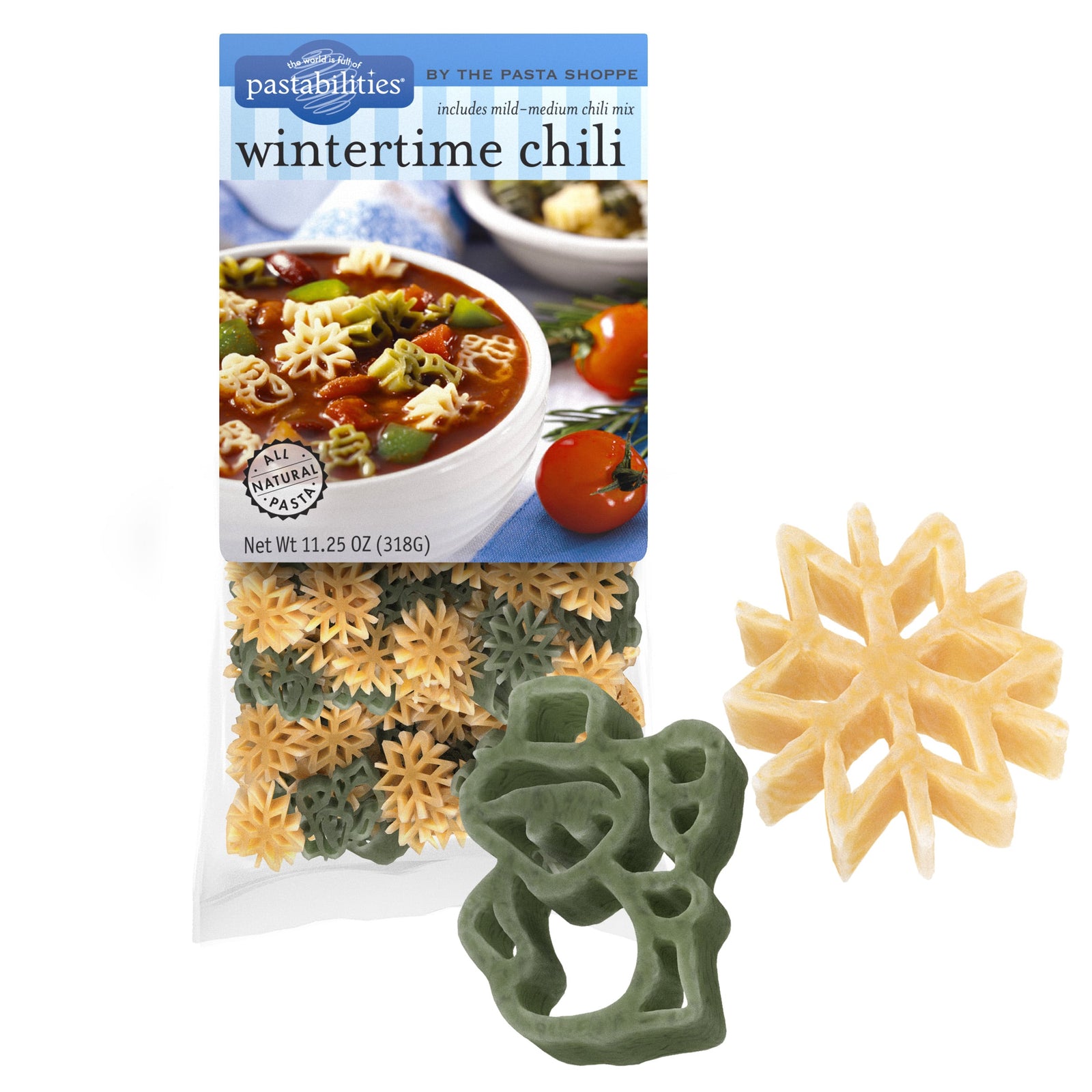 wintertime chili with snowflake pasta shapes. 