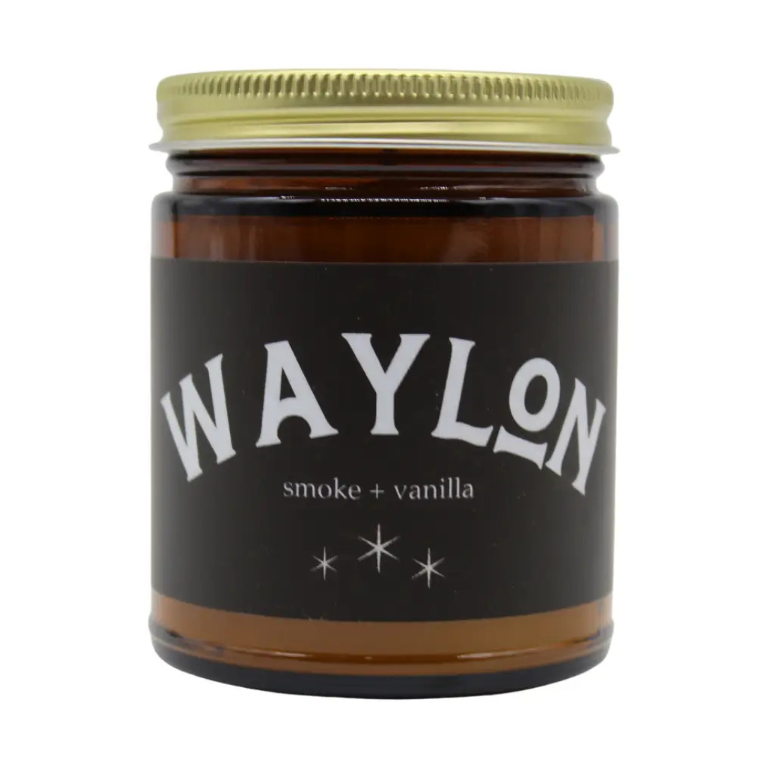 Waylon Candle, scented Smoke and Vanilla, in amber glass jar with lid. 
