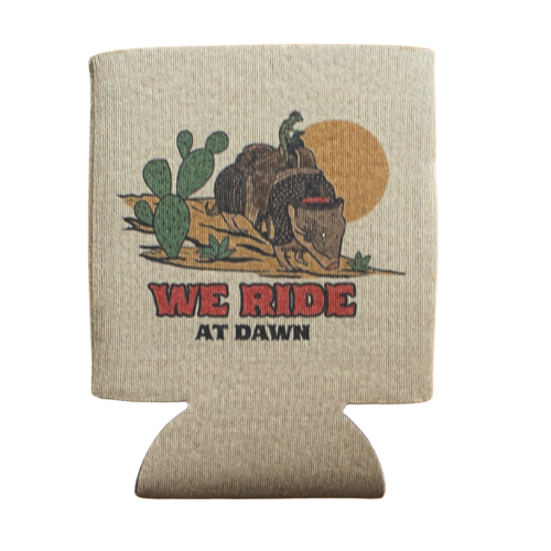 The "We Ride At Dawn" can hugger is perfect for catching eyes at your next get together. Features a frog riding an armadillo as if they're a sheriff and horse looking for a lone western town. Designed in Nashville, Tennessee by Cluster Funk Studio. 