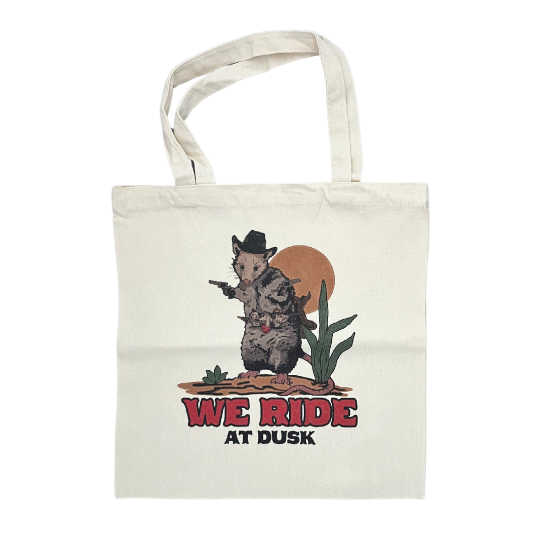 Opossum themed tote bag.