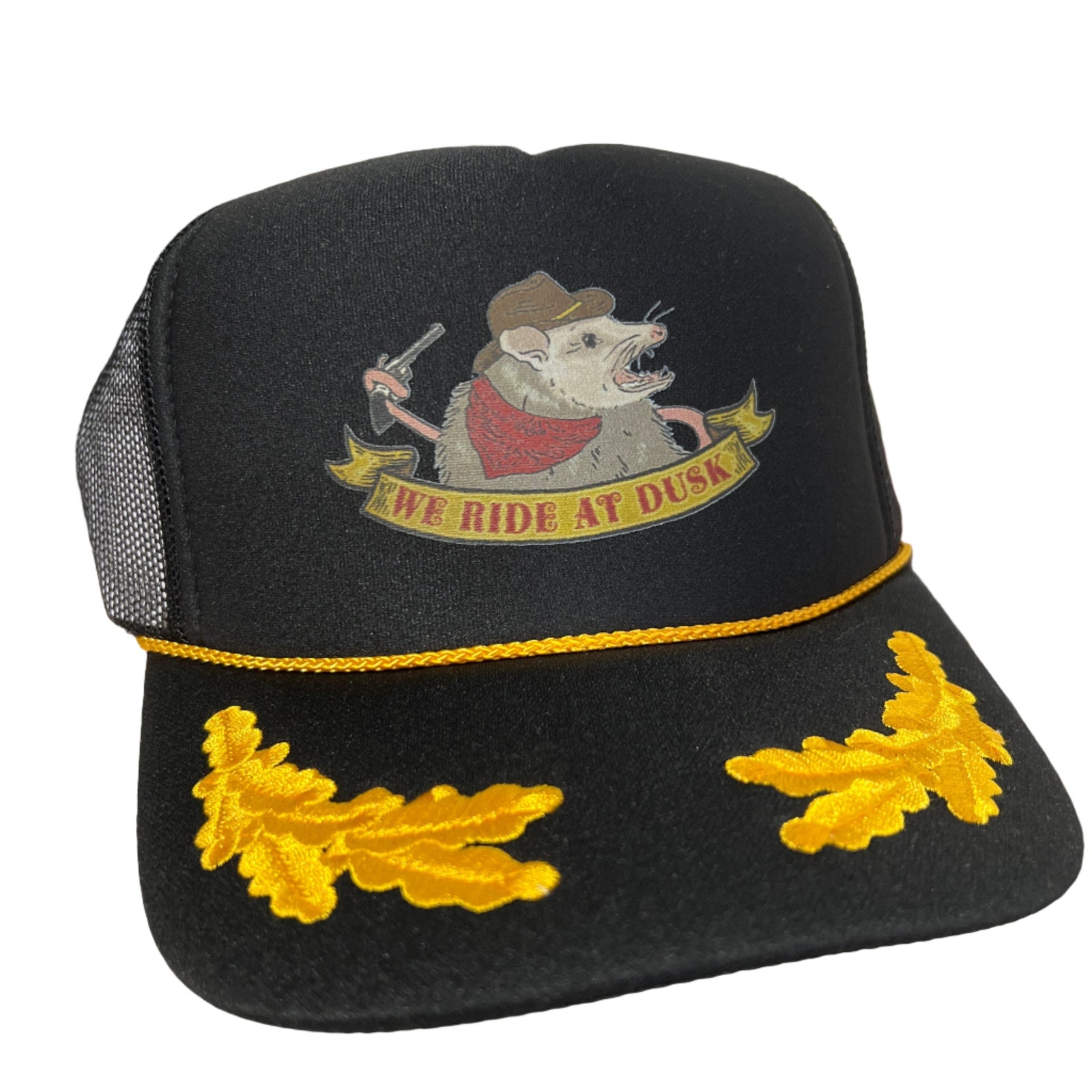 black trucker style hat with nautical oak leaves and a cowboy opossum. 