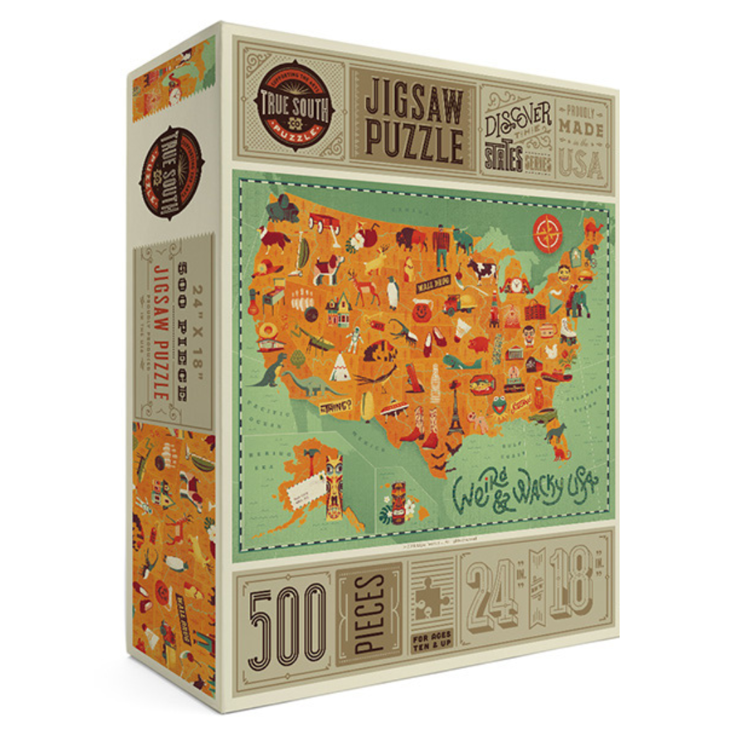 500 piece puzzle of Weird and Wacky attractions across the USA 
