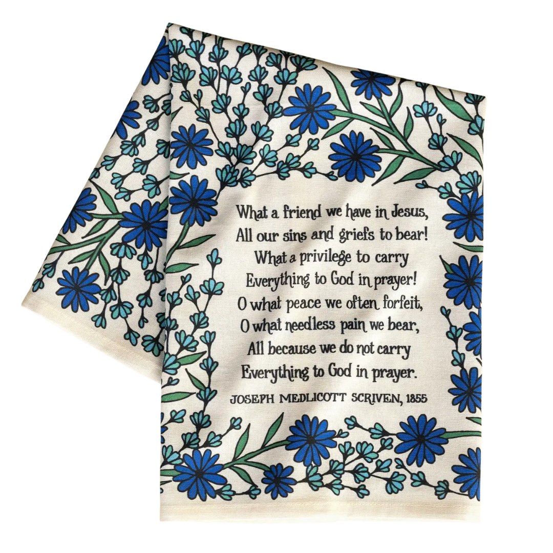cotton kitchen towel floral design and hymn song lyrics.