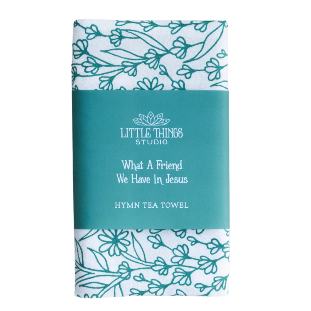 cotton kitchen towel floral design and hymn lyrics.