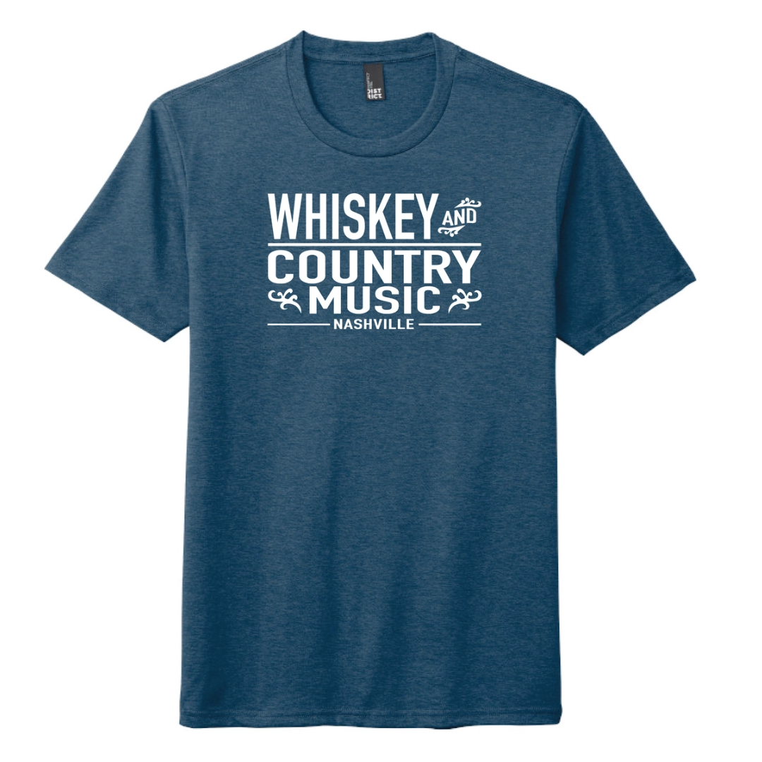 Blue "Whiskey and Country Music" t-shirt.